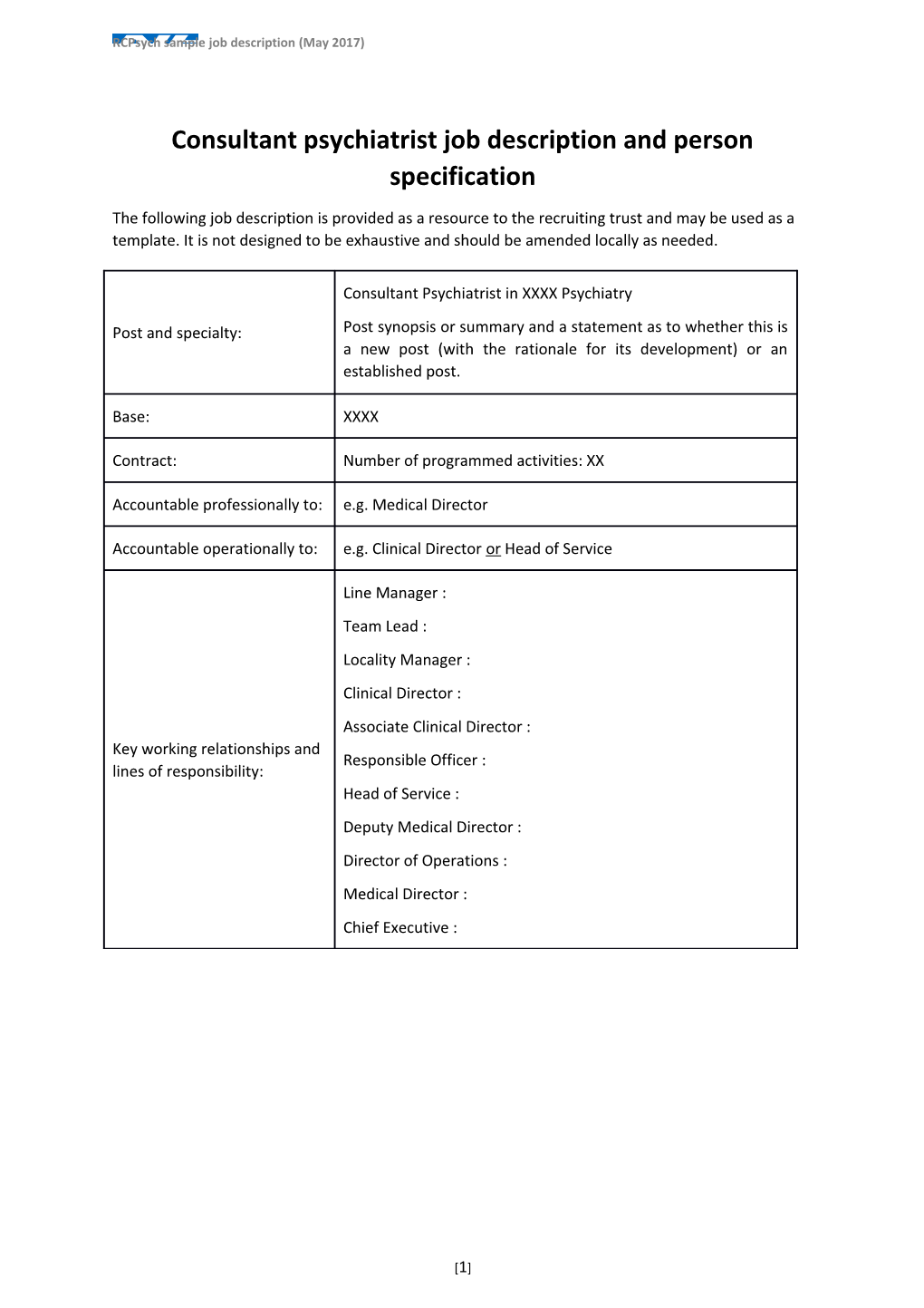 Consultant Psychiatrist Job Description and Person Specification