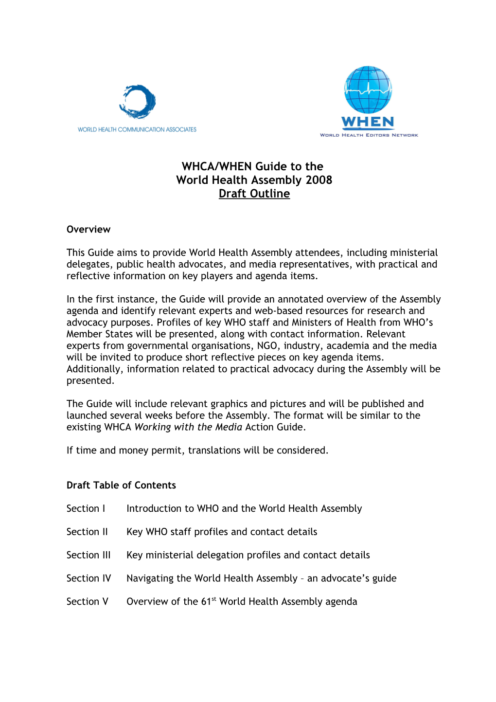Outline : WHCA World Health Assembly Guide 2008