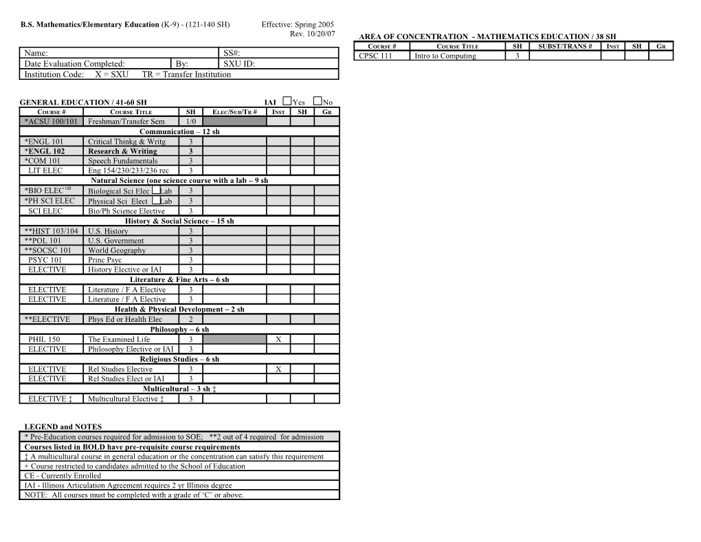 B.S. Mathematics/Elementary Education (K-9)-(121-140 SH) Effective:Spring 2005