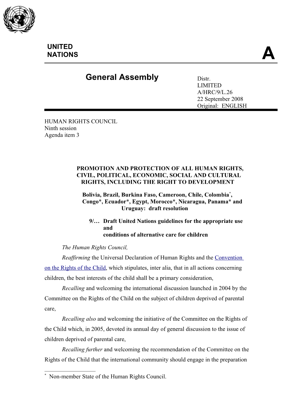 Action on Resolution on UN Guidelines for the Appropriate Use and Conditions of Alternative