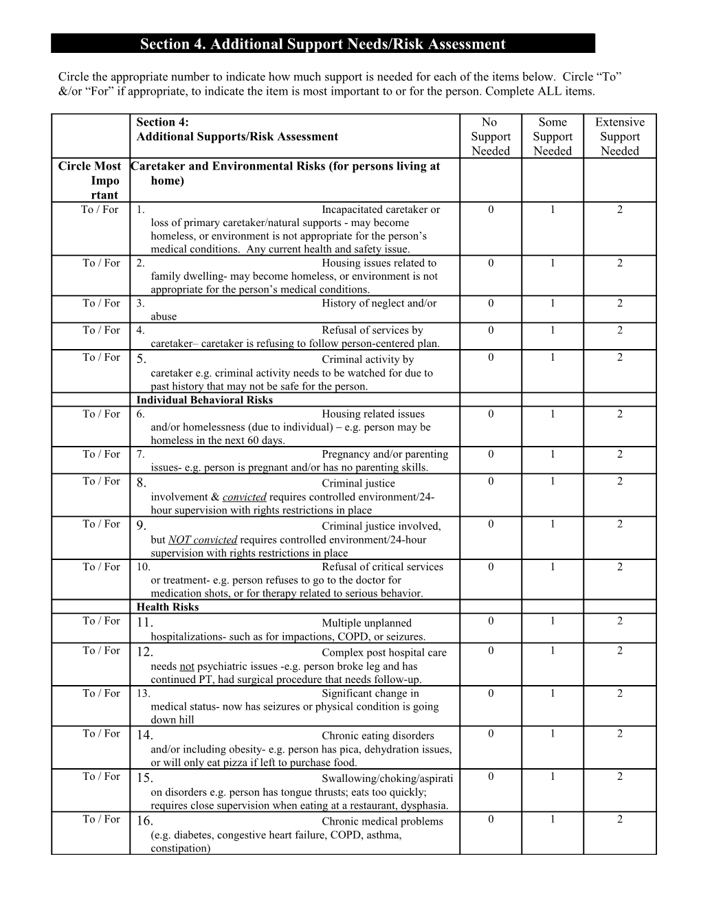 Section 4. Additional Support Needs/Risk Assessment