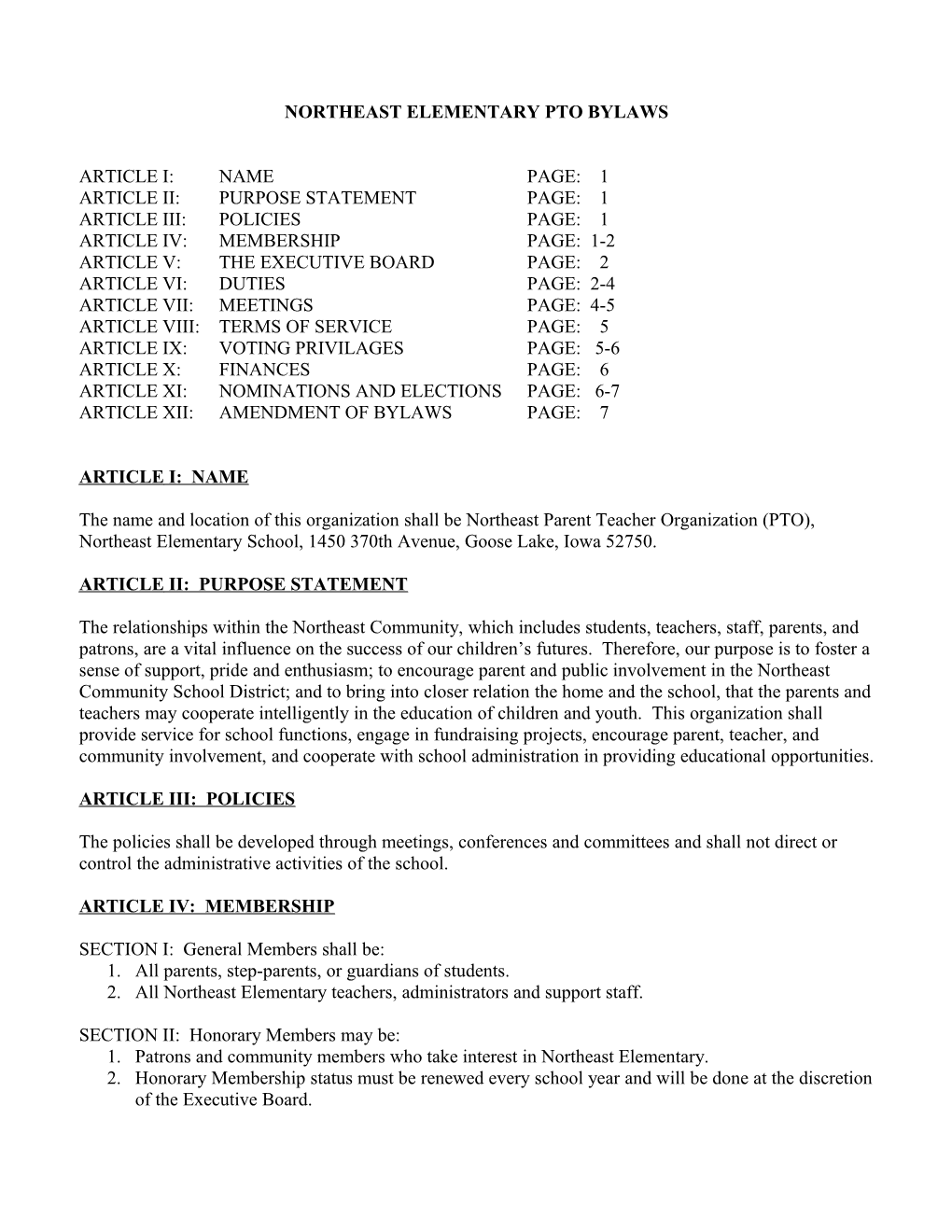 Northeast Pto By-Laws