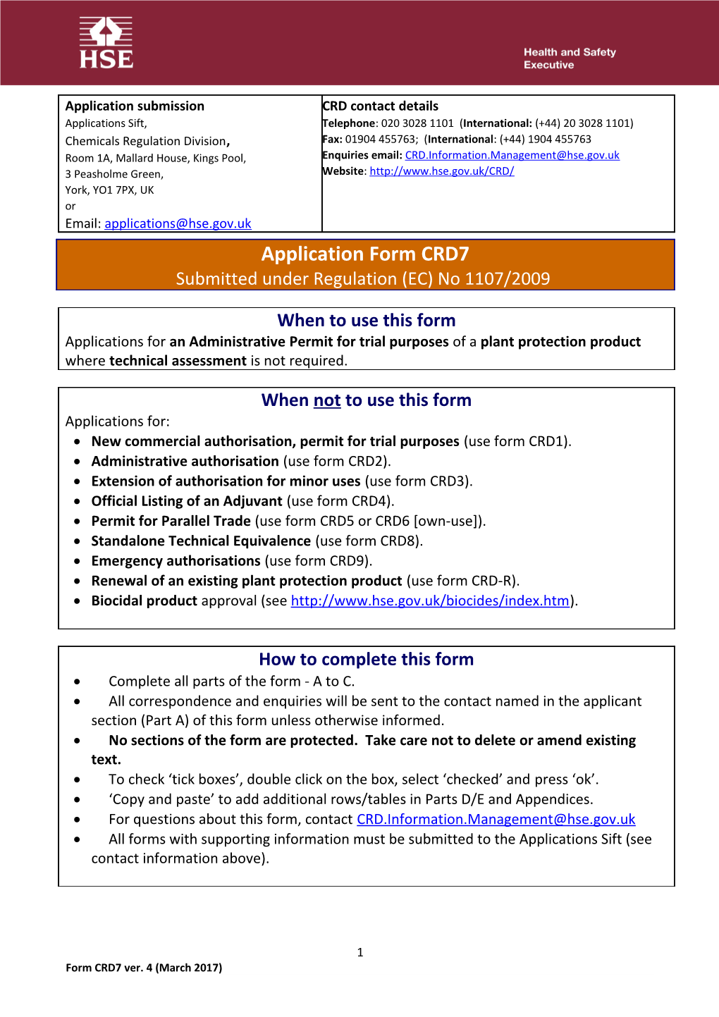 New Commercial Authorisation, Permit for Trial Purposes (Use Form CRD1)