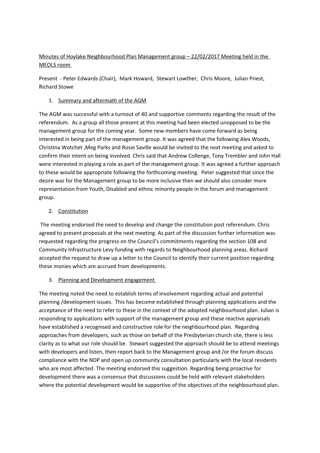 Minutes of Hoylake Neighbourhood Plan Management Group 22/02/2017 Meeting Held in the MEOLS