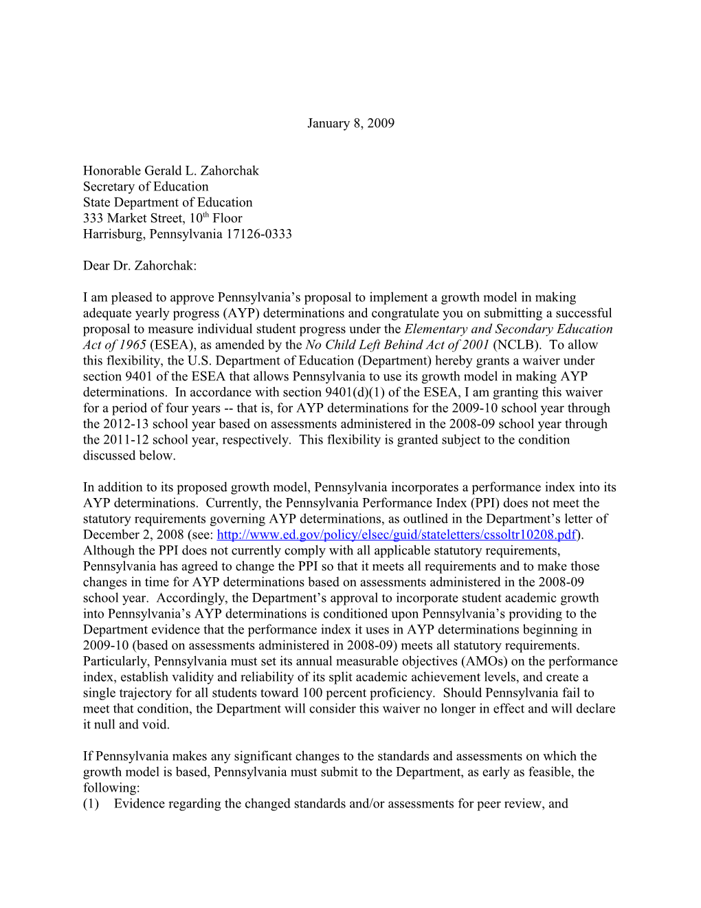 Growth Model Proposal Letter to Pennsylvania Secretary of Education (MS Word)