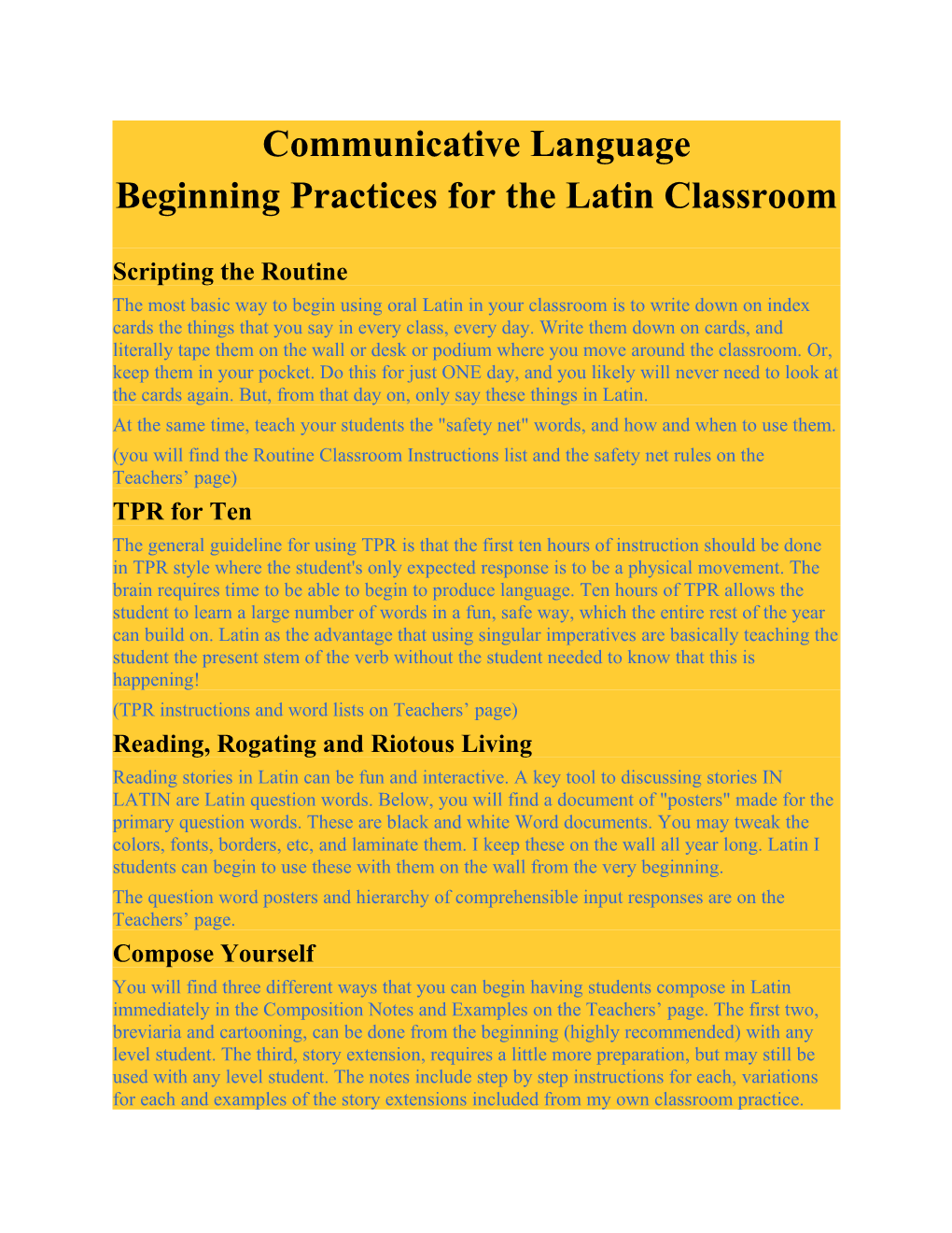 Beginning Practices for the Latin Classroom
