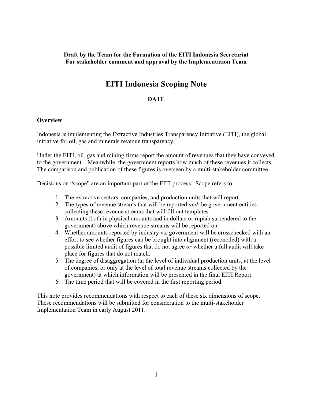 Draft by the Team for the Formation of the EITI Indonesia Secretariat