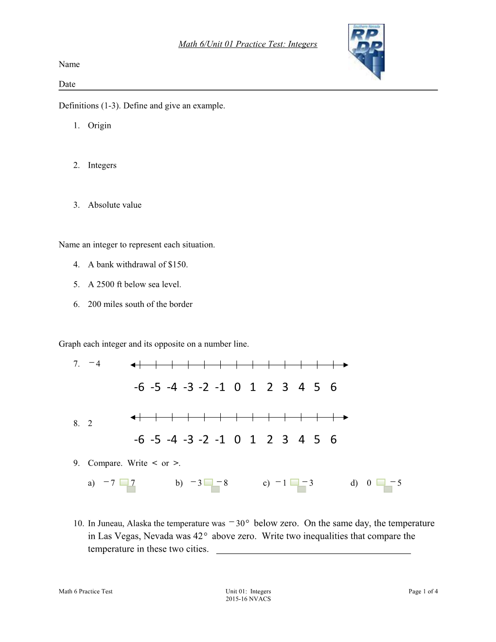 Math 6/Unit 01 Practice Test: Integers