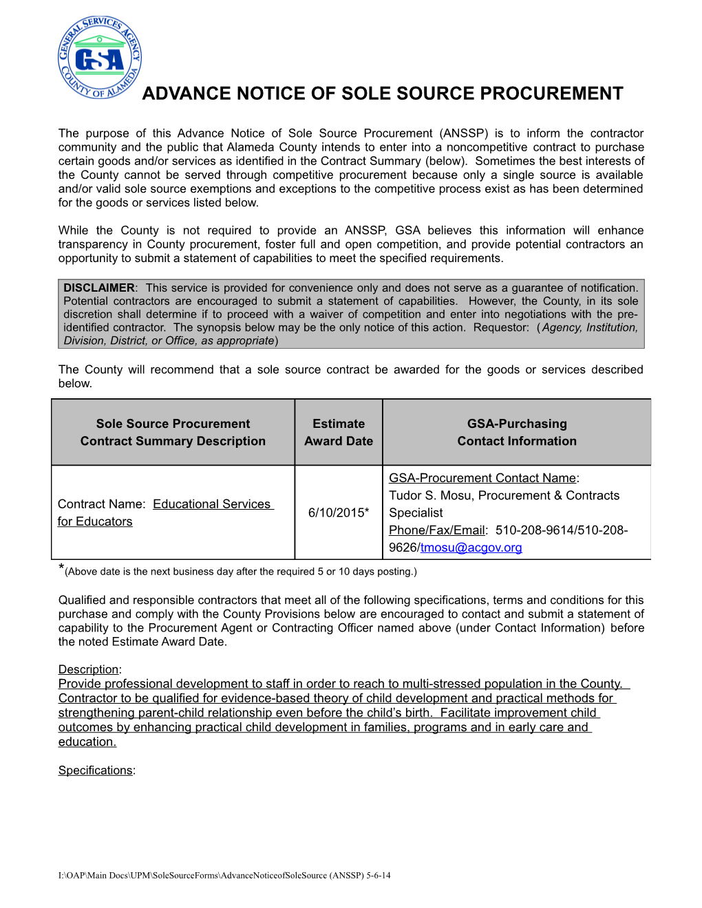 Advance Notice of Sole Source Procurement s13