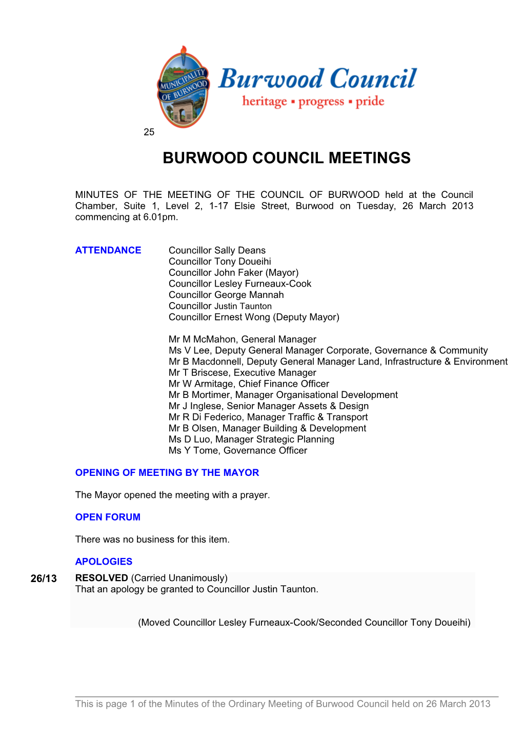 Pro-Forma Minutes of Burwood Council Meetings - 26 March 2013