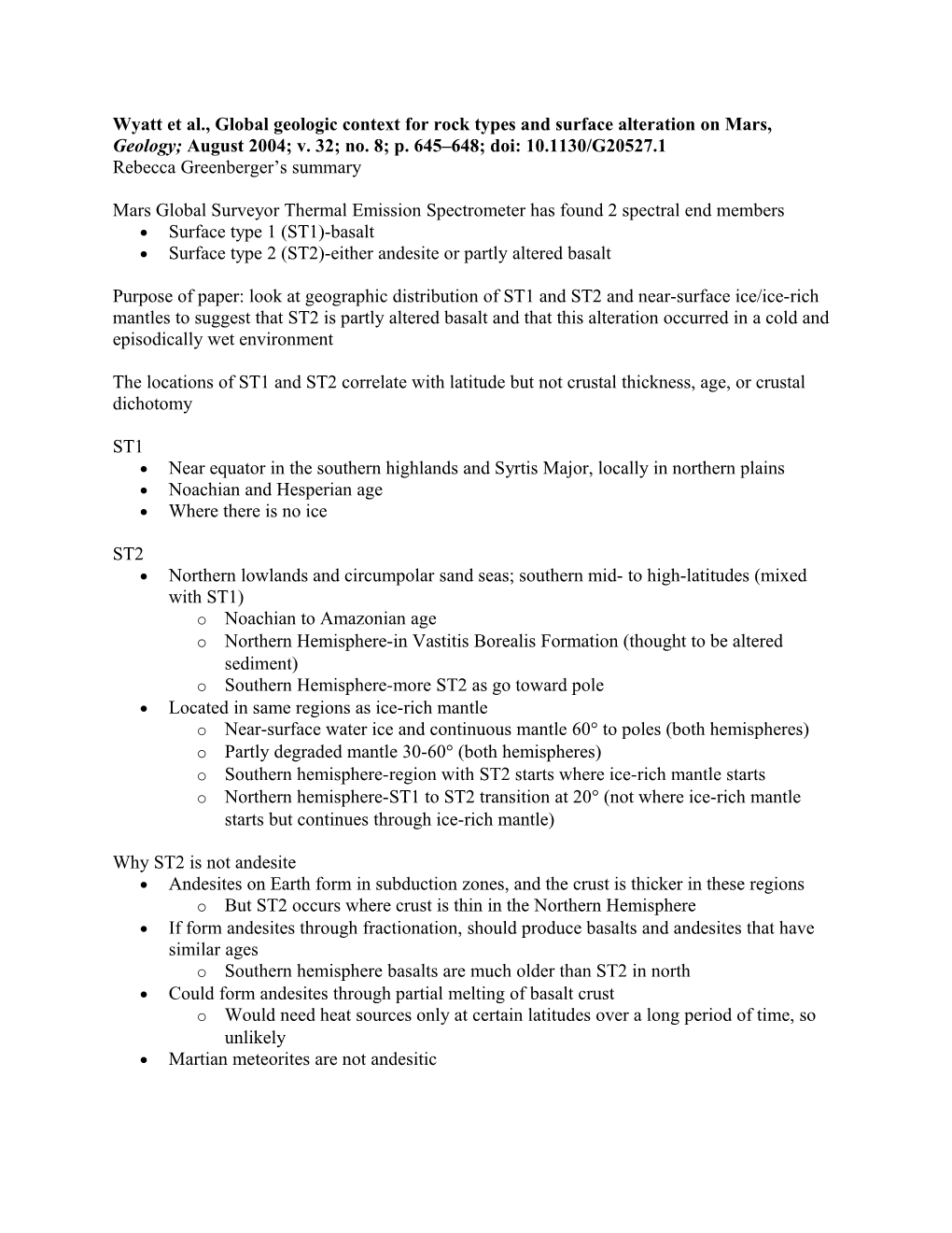 Wyatt Et Al., Global Geologic Context for Rock Types and Surface Alteration on Mars, Geology;
