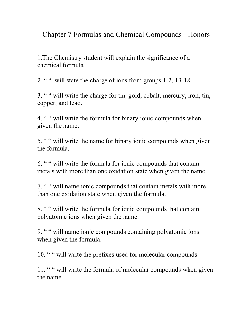 Chapter 7 Formulas and Chemical Compounds - Honors