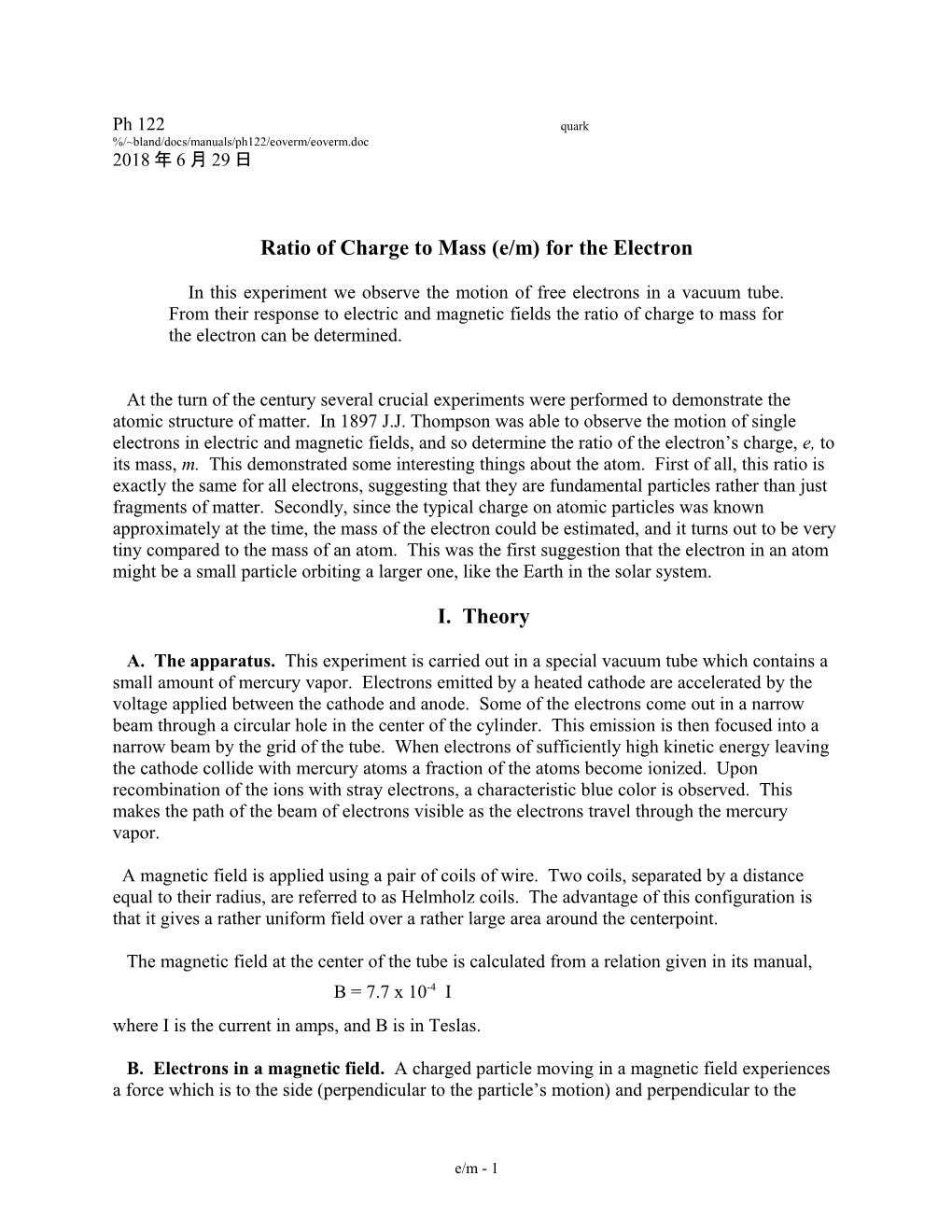 Ratio of Charge to Mass (E/M) for the Electron