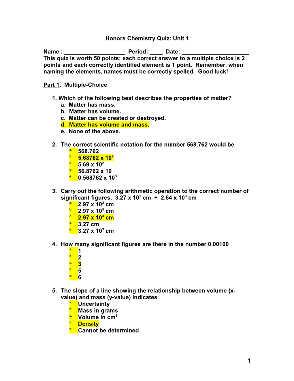 Honors Chemistry Quiz: Chapter 1