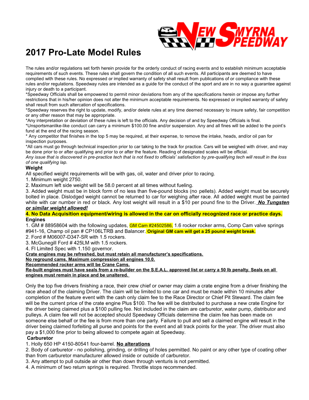 2017 Pro-Late Model Rules