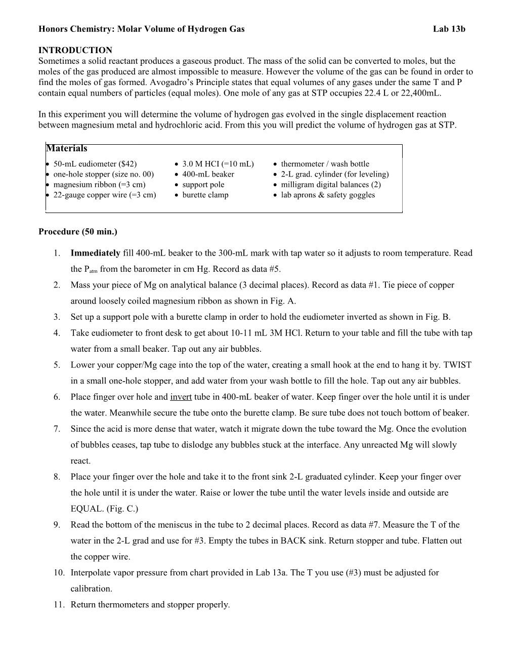 Honors Chem: Molar Volume of Hydrogen Gas