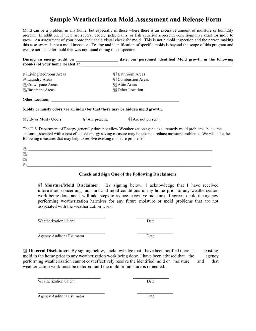 Weatherization Mold Inspection and Release Form