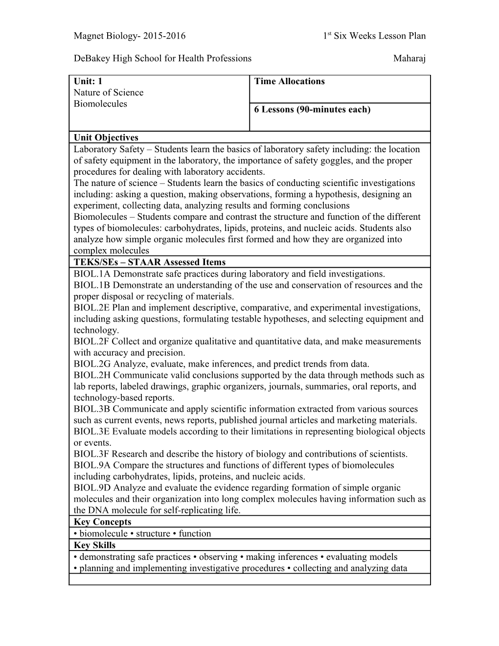 Magnet Biology- 2015-2016 1St Six Weeks Lesson Plan