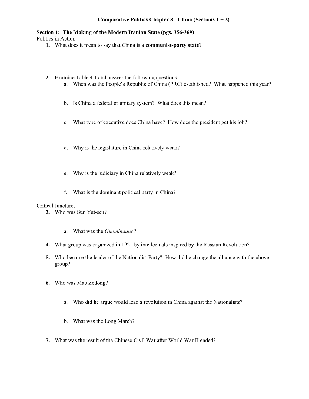 Comparative Politics Chapter 8: China (Sections 1 + 2)