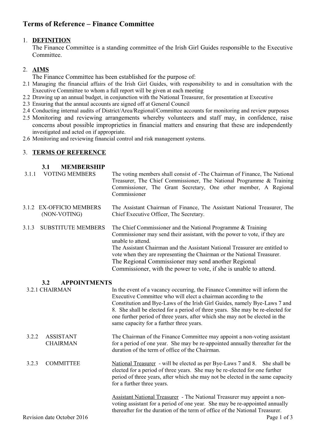Terms of Reference Finance Committee