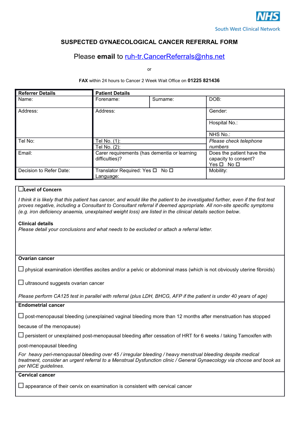 Suspected Gynaecological Cancerreferral Form