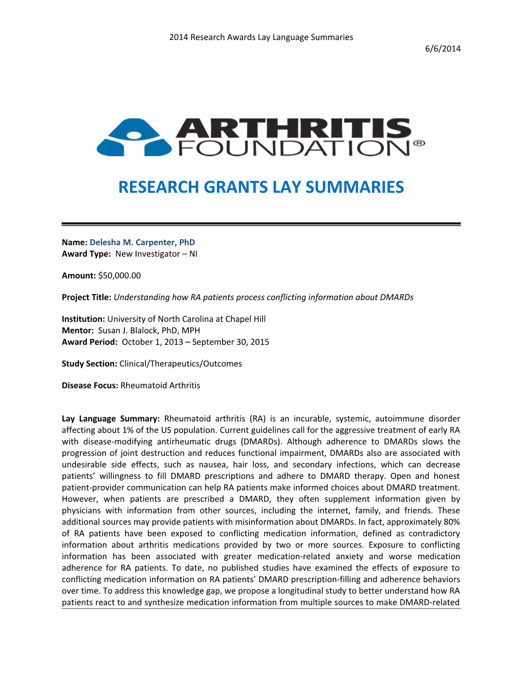 2014 Research Awards Lay Language Summaries