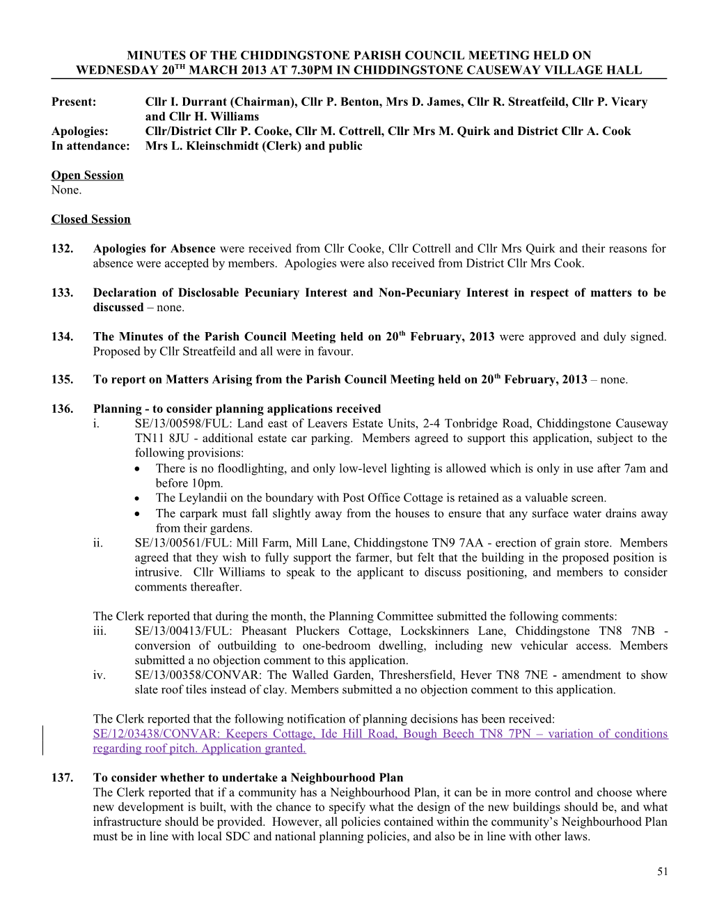 Minutes of the Chiddingstone Parish Council Meeting Held On