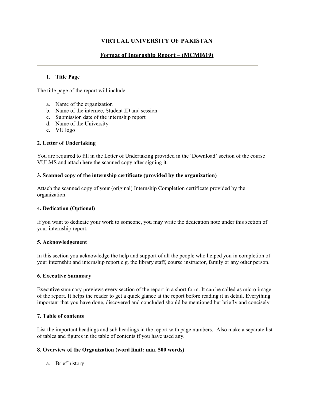 Format of Internship Report