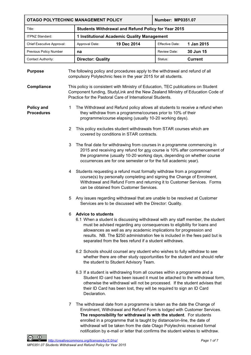 MP0351.07 Students Withdrawal and Refund Policy for Year 2015