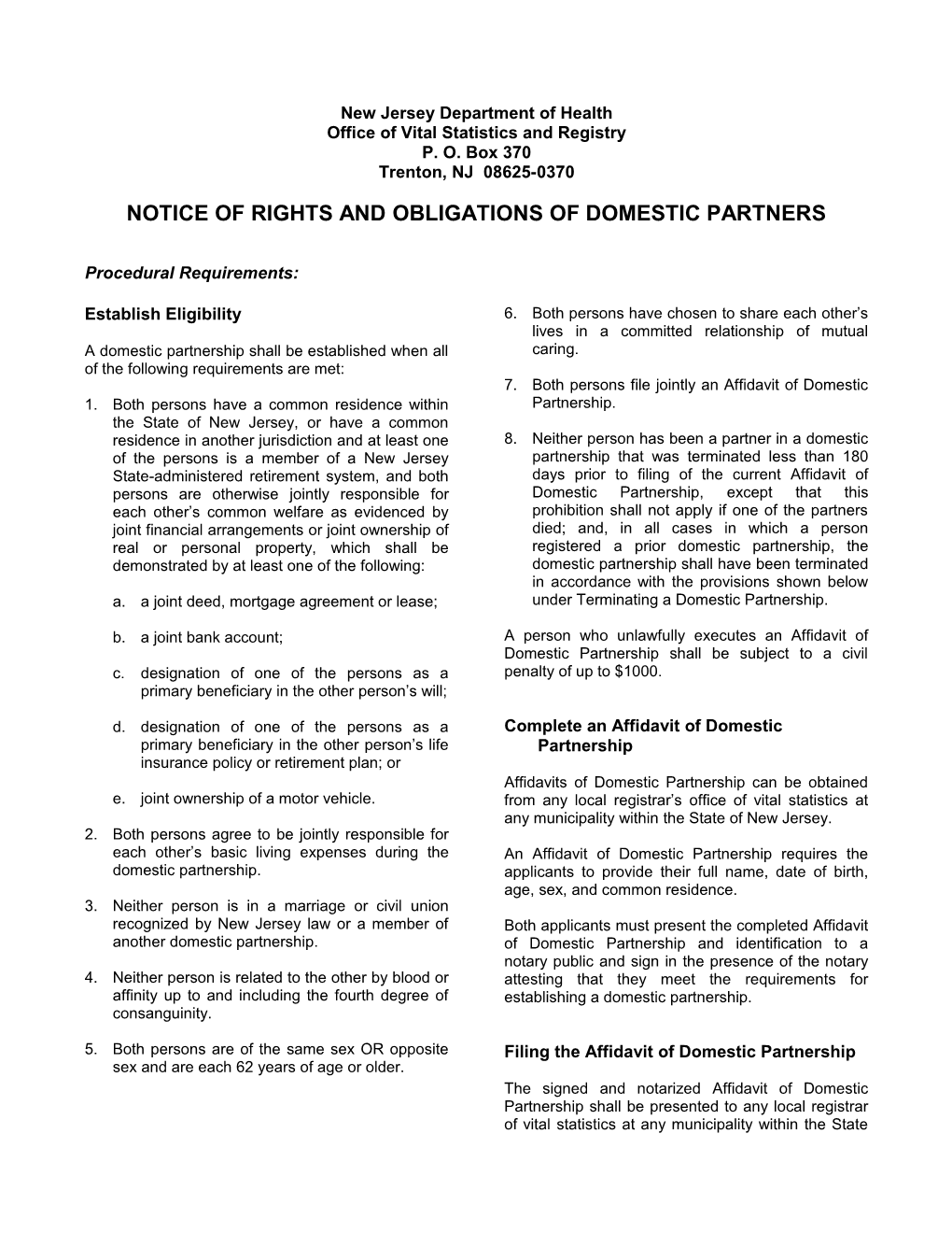 REG-D7, Notice of Rights and Obligations of Domestic Partners