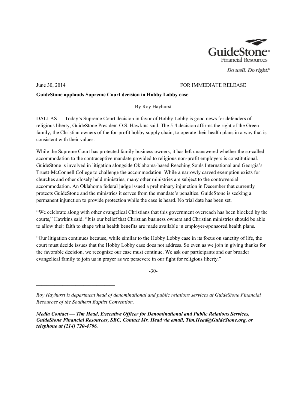 Guidestone Applauds Supreme Court Decision in Hobby Lobby Case