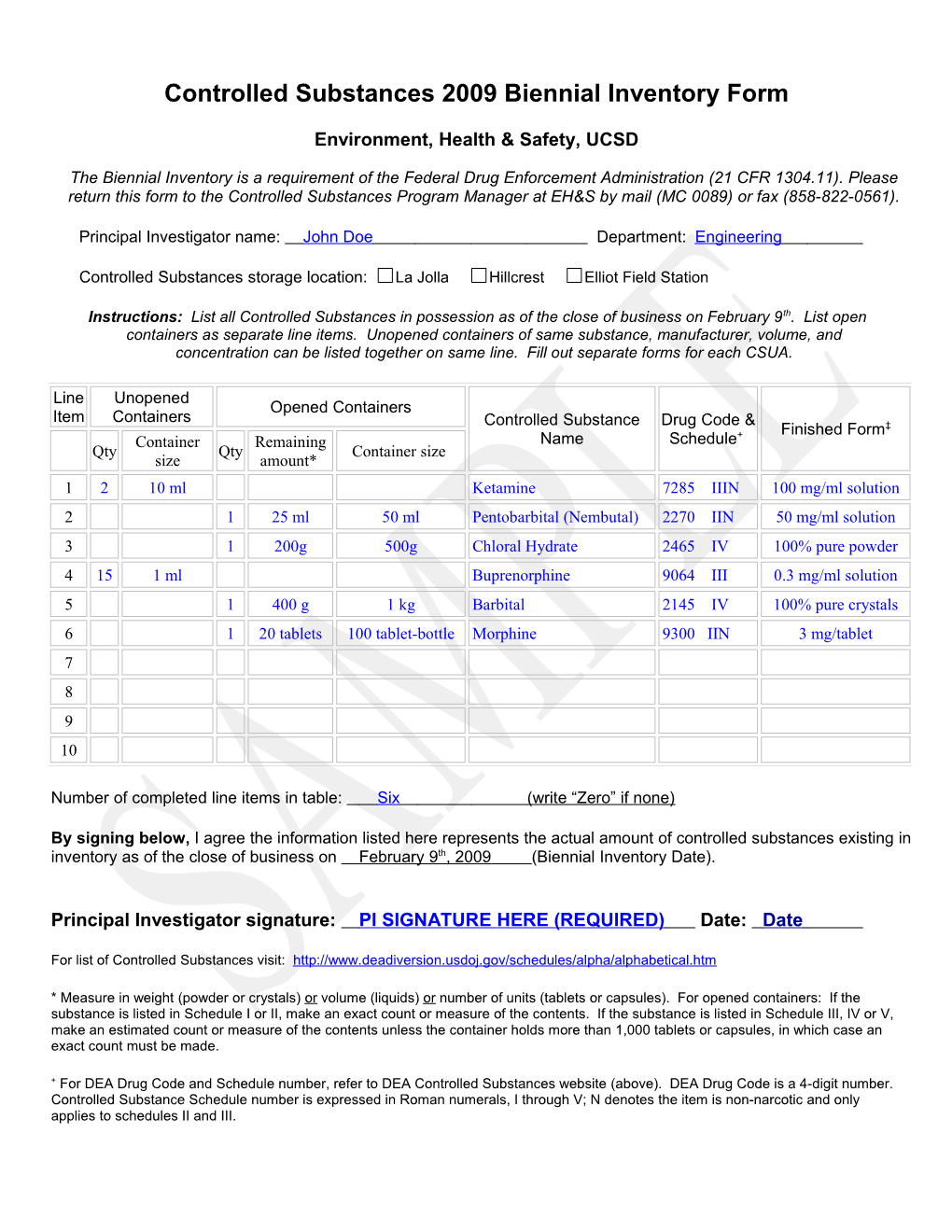 Controlled Substance Inventory Form