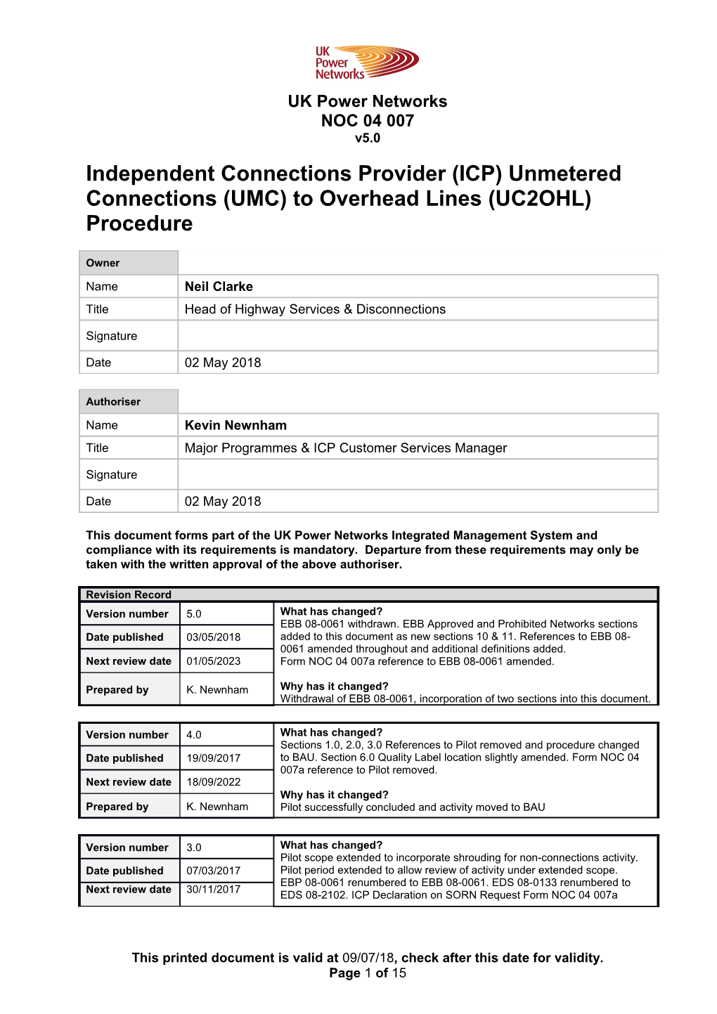 NOC 04 007 Independent Connections Provider (ICP) Unmetered Connections (UMC) to Overhead s1