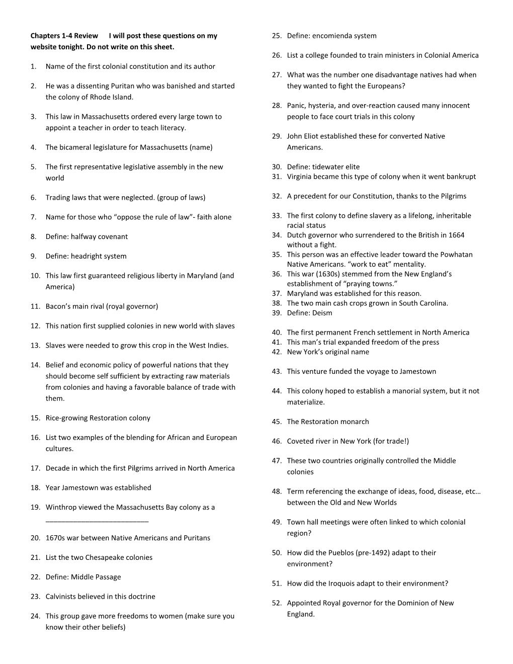 Chapters 1-4 Review I Will Post These Questions on My Website Tonight. Do Not Write On