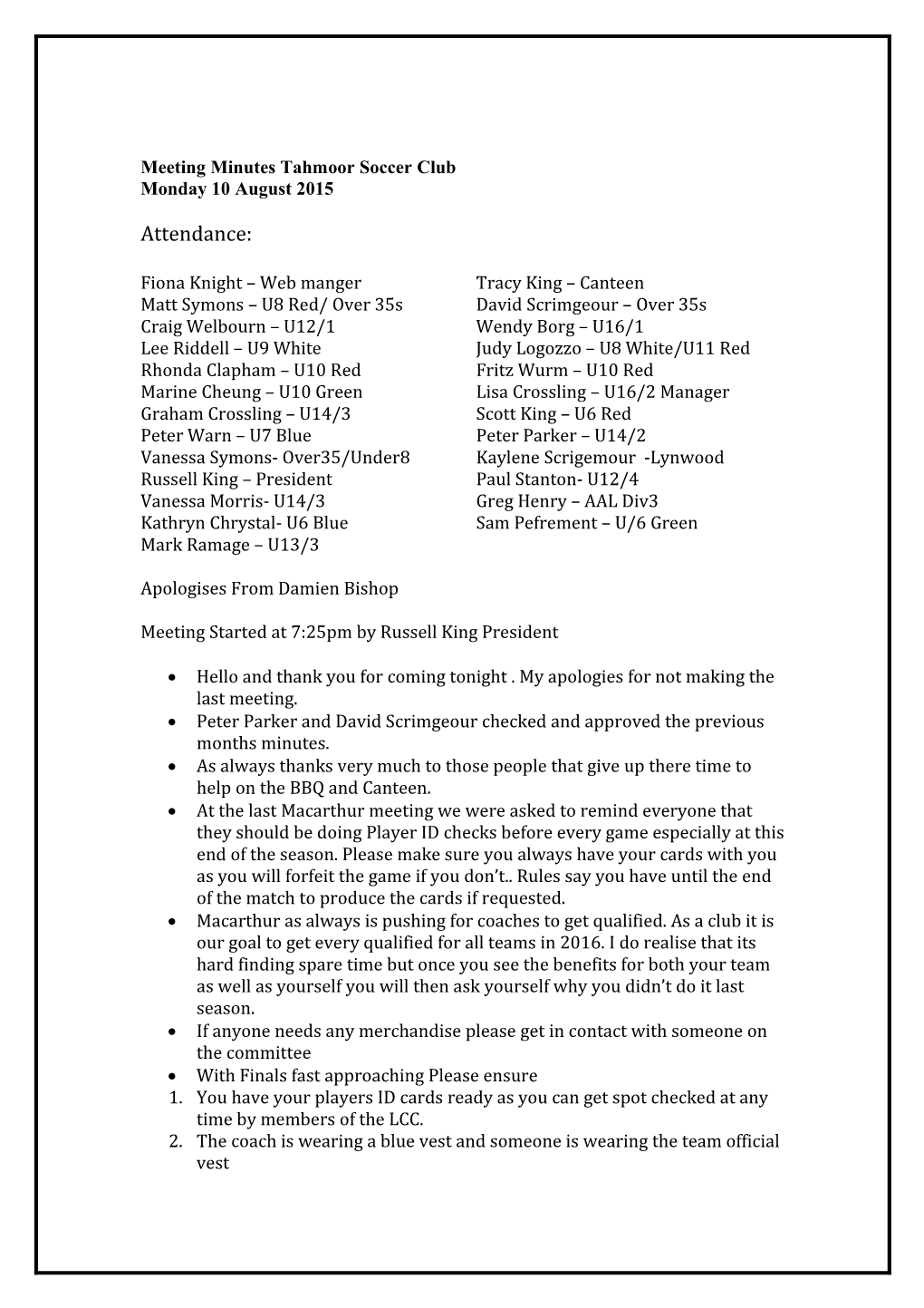 Meeting Minutes Tahmoor Soccer Club