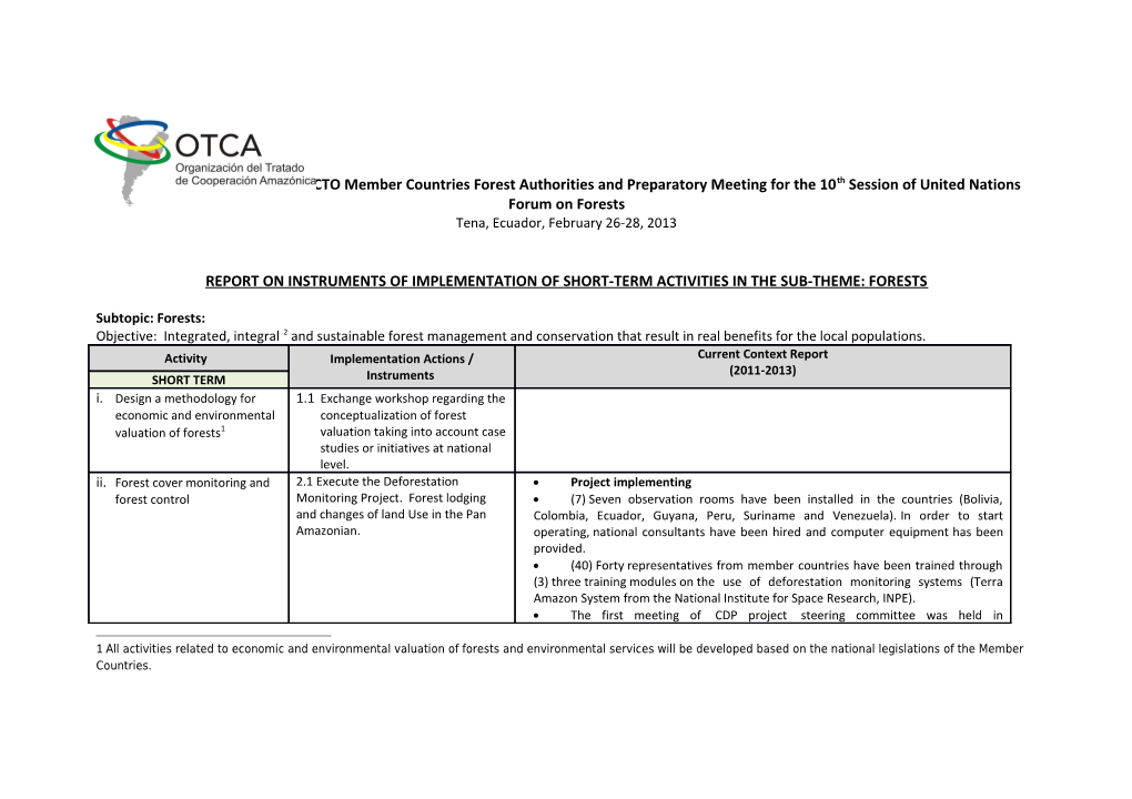 Report on Instruments of Implementation of Short-Term Activities in the Sub-Theme: Forests