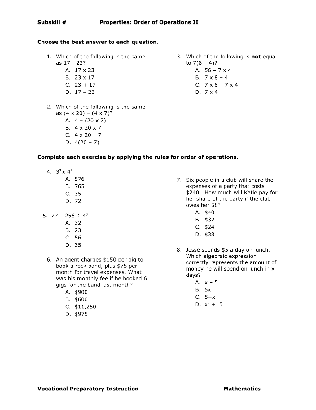 Order of Operations/ Properties Post-Test