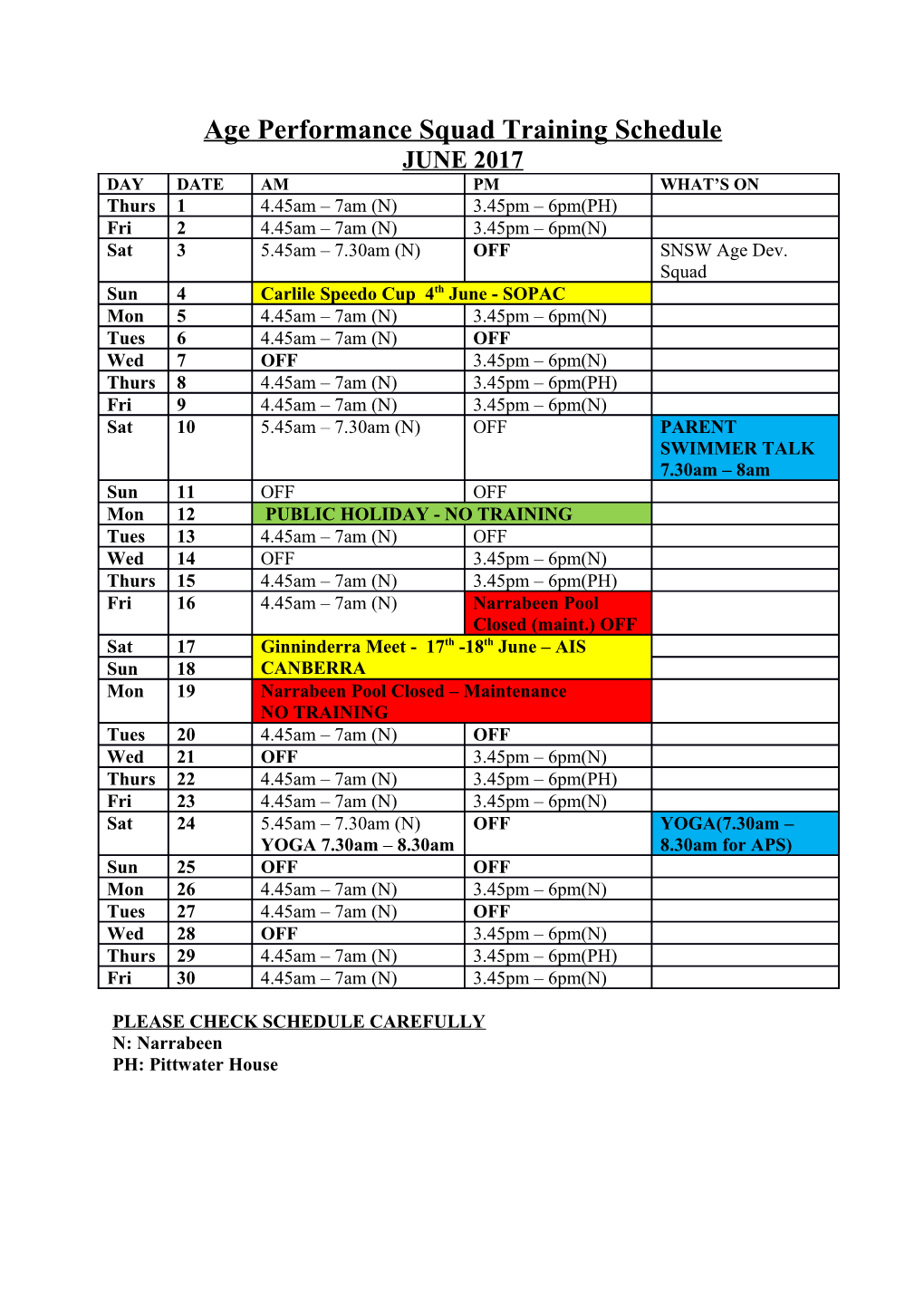 Age Performance Squad Training Schedule