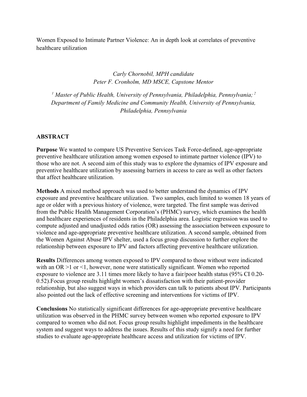 Women Exposed to Intimate Partner Violence: an in Depth Look at Correlates of Preventive