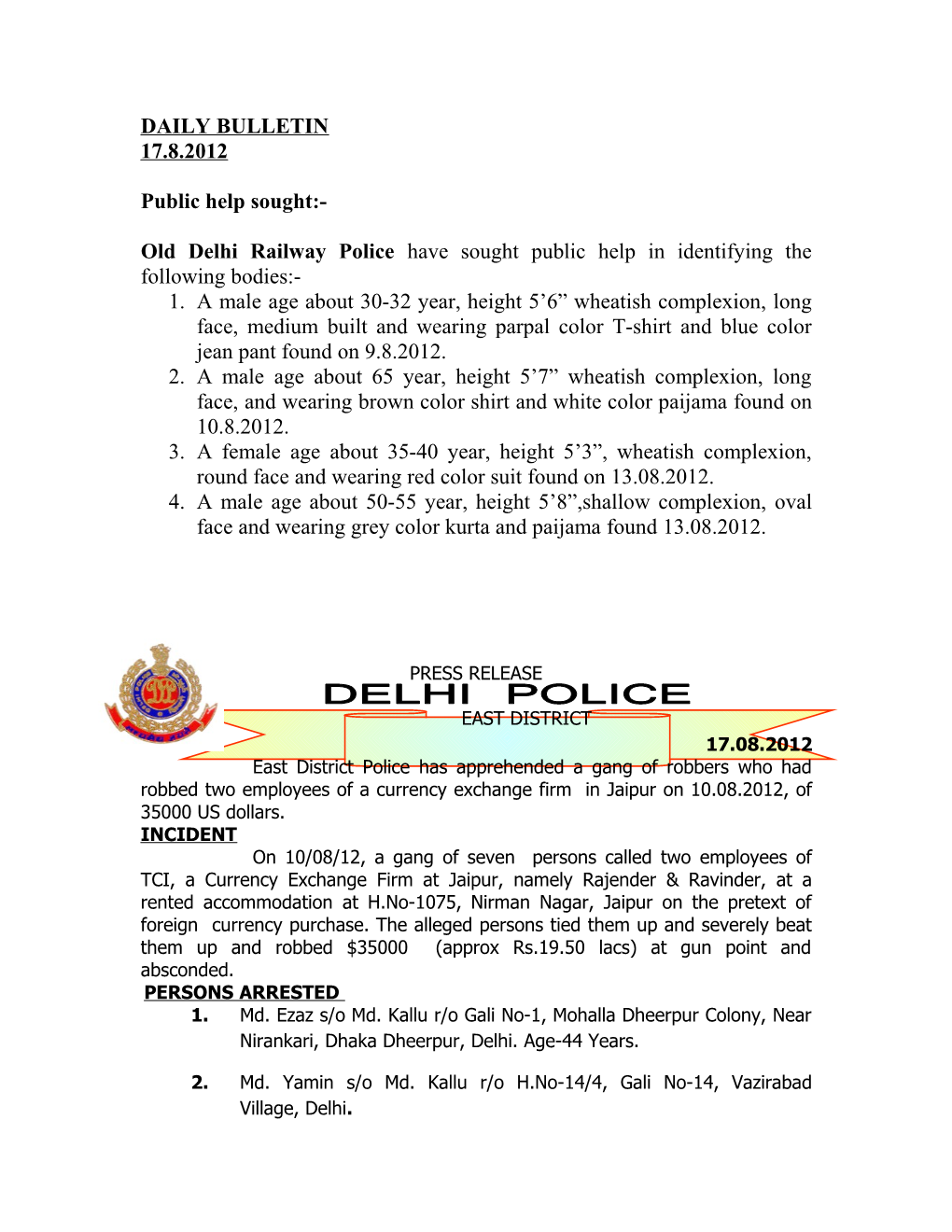 Daily Bulletin 17.8.2012