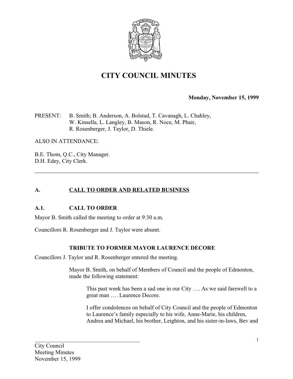 Minutes for City Council November 15, 1999 Meeting