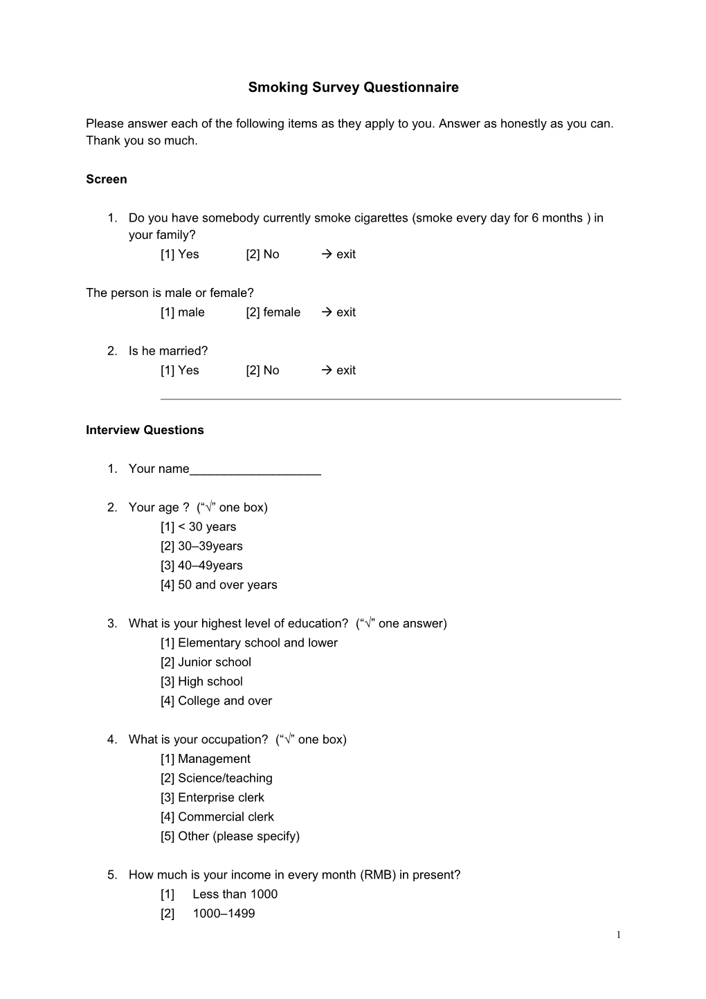Health Survey Questionnaire