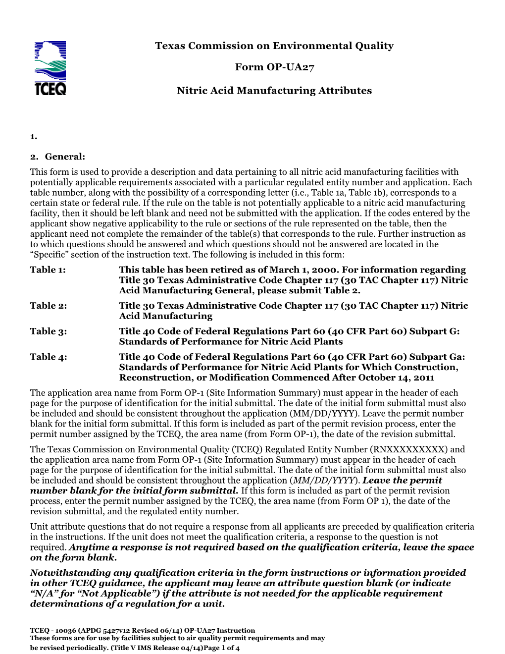 TCEQ-Form OP-UA27-Nitric Acid Manufacturing