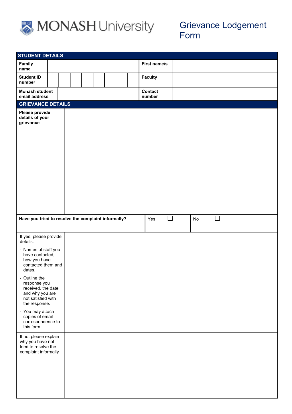 Completing the Grievance Lodgement Form