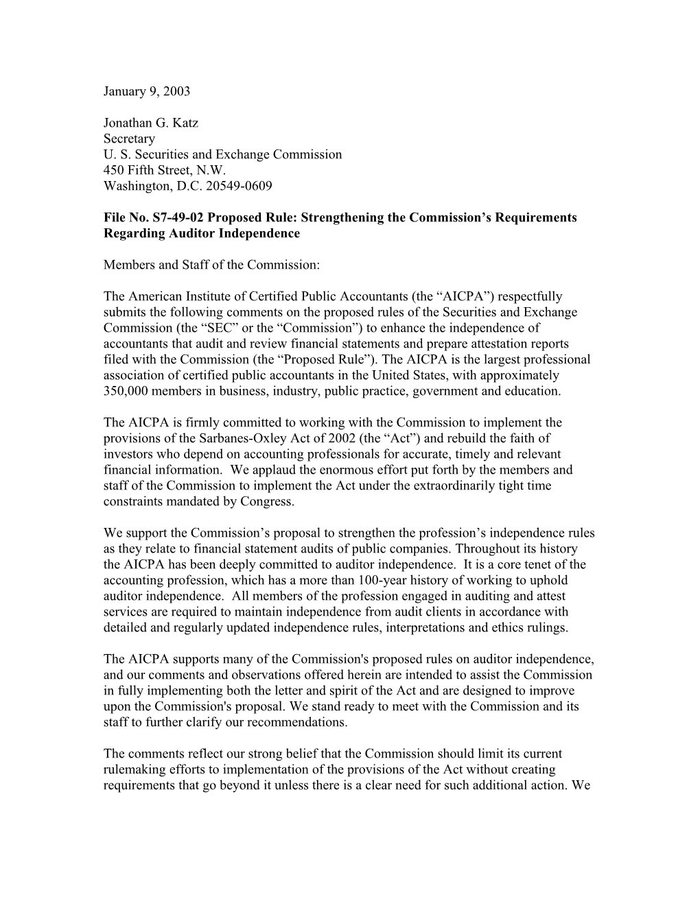 2003 January 9 PEEC Comment Letter to SEC