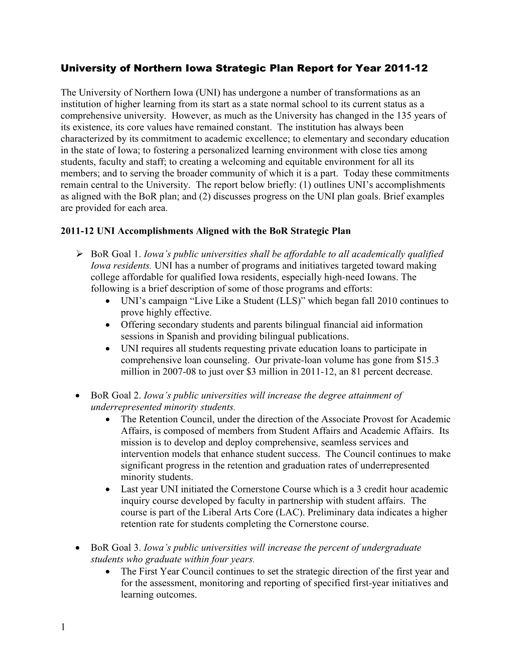 University of Northern Iowa Strategic Plan Report for Year 2011-12