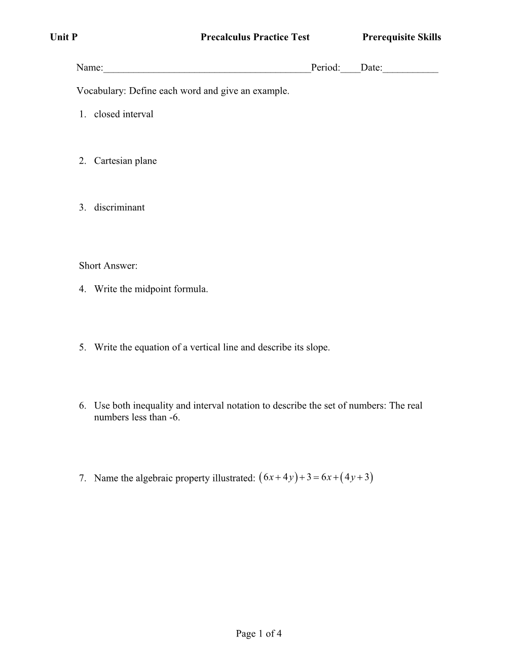 Precalculus H Practice Test Chapter P