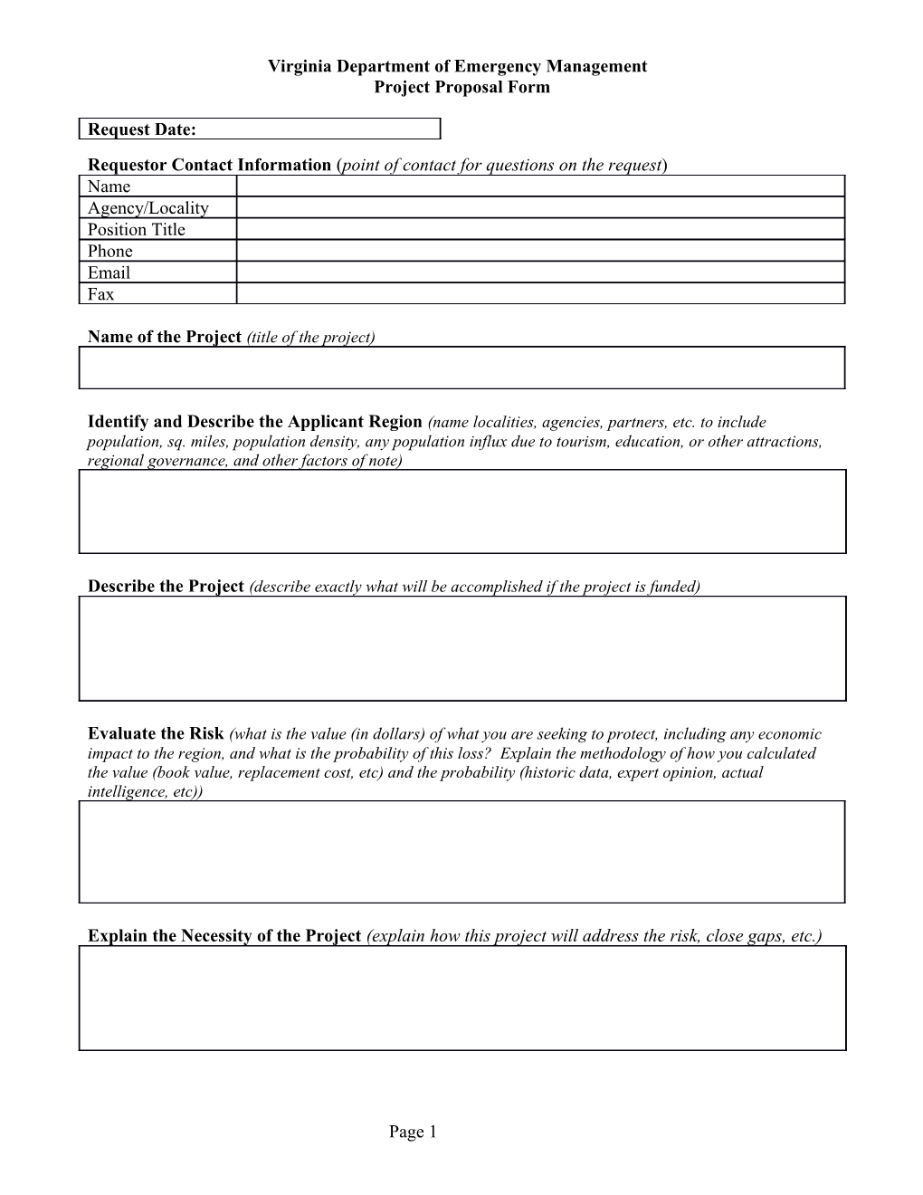 Project Request Form for VDEM Funds