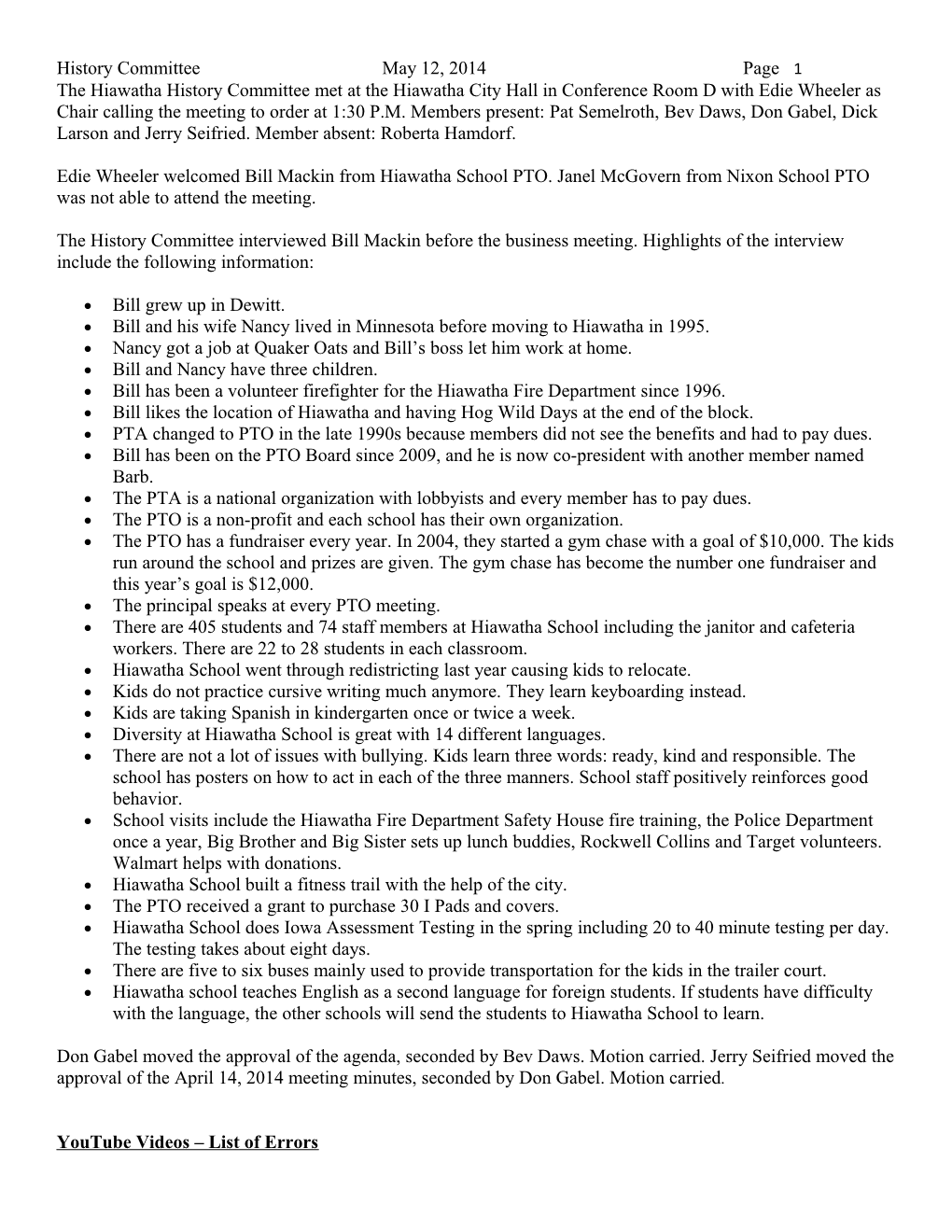 History Committee May 12, 2014 Page 1