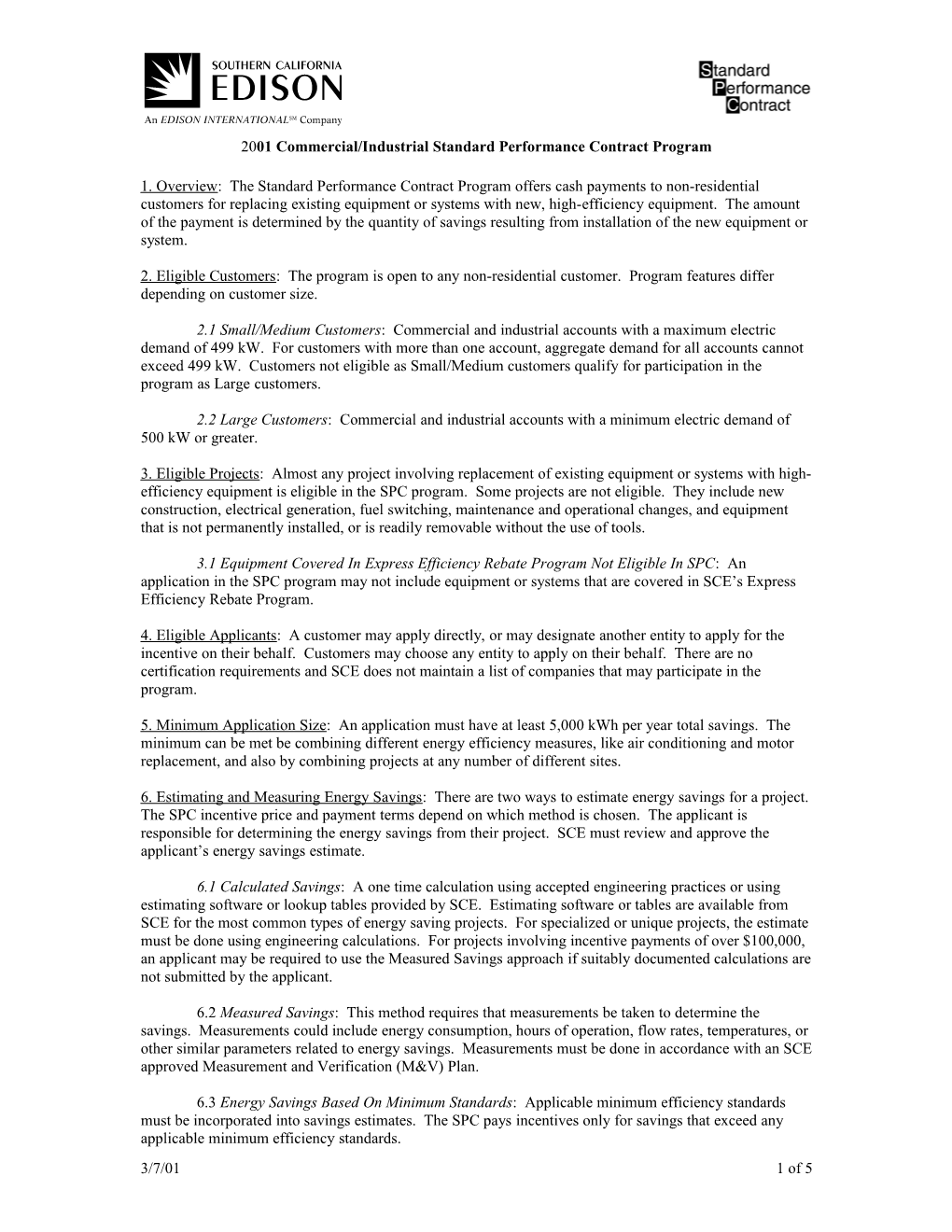 2001 Commercial/Industrial Standard Performance Contract Program